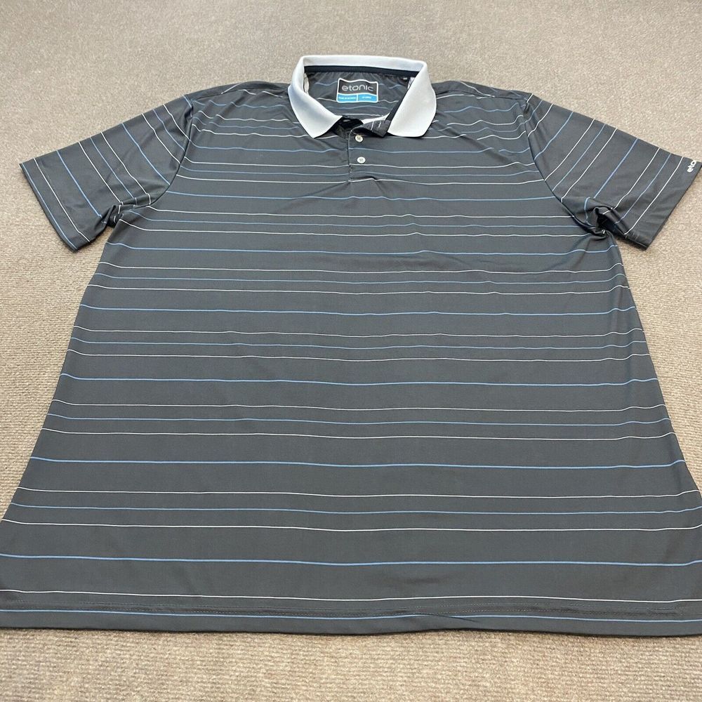 Etonic Polo Shirt Mens Size XXL Gray Blue Striped Golfer Preppy Performance Logo